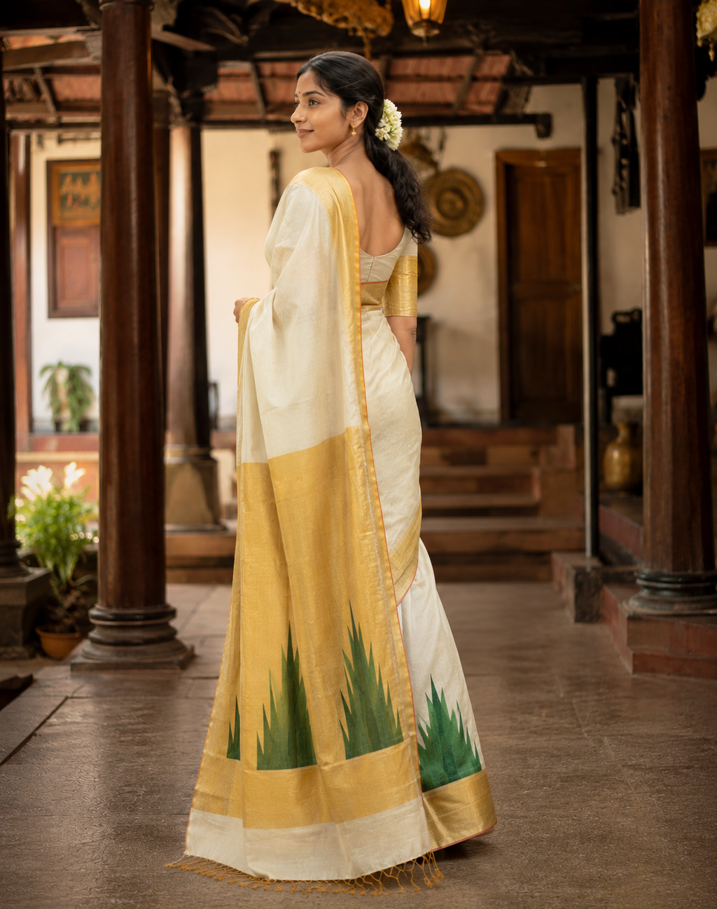 Premium Handloom Big Golden Border Green Temple Design Saree with Running Blouse