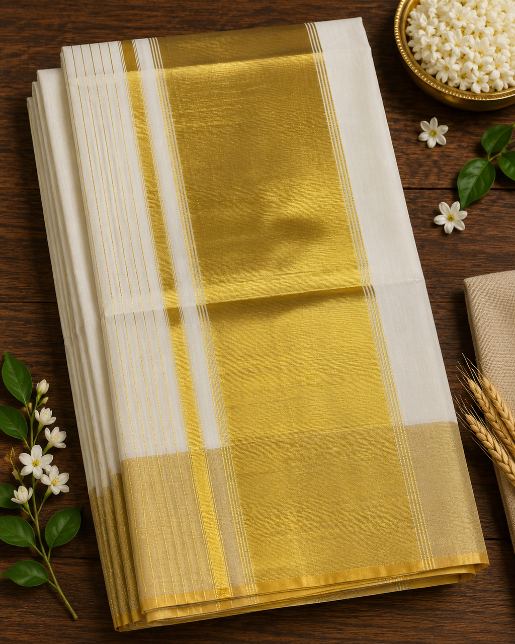 Premium Handloom Big Golden Border Green Temple Design Saree with Running Blouse