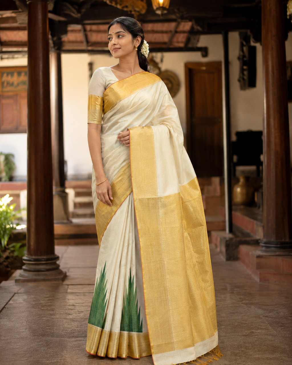 Premium Handloom Big Golden Border Green Temple Design Saree with Running Blouse
