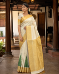 Premium Handloom Big Golden Border Green Temple Design Saree with Running Blouse