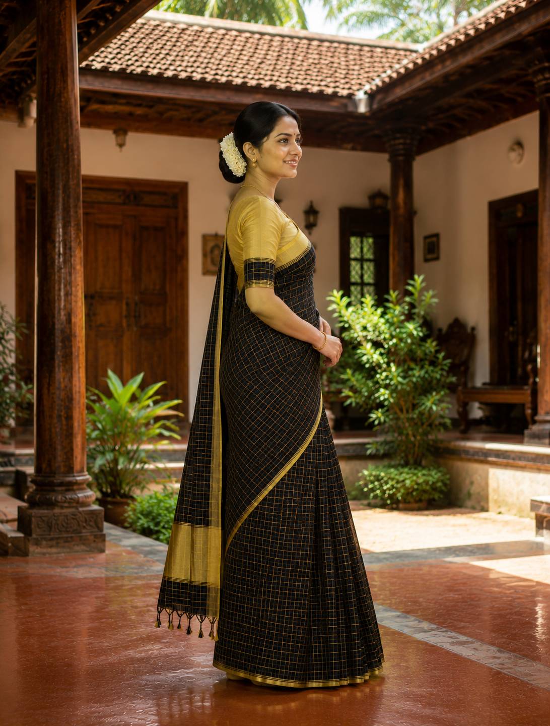 Premium Handloom Black & Gold Check Saree