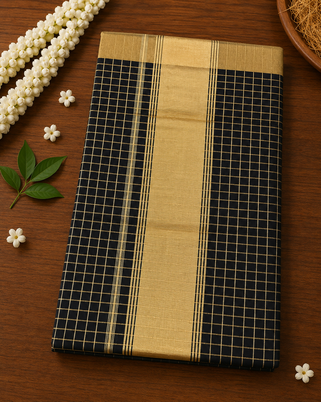 Premium Handloom Black & Gold Check Saree