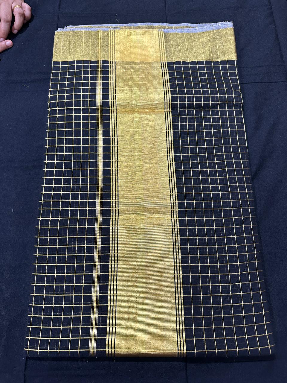 Premium Handloom Black & Gold Check Saree