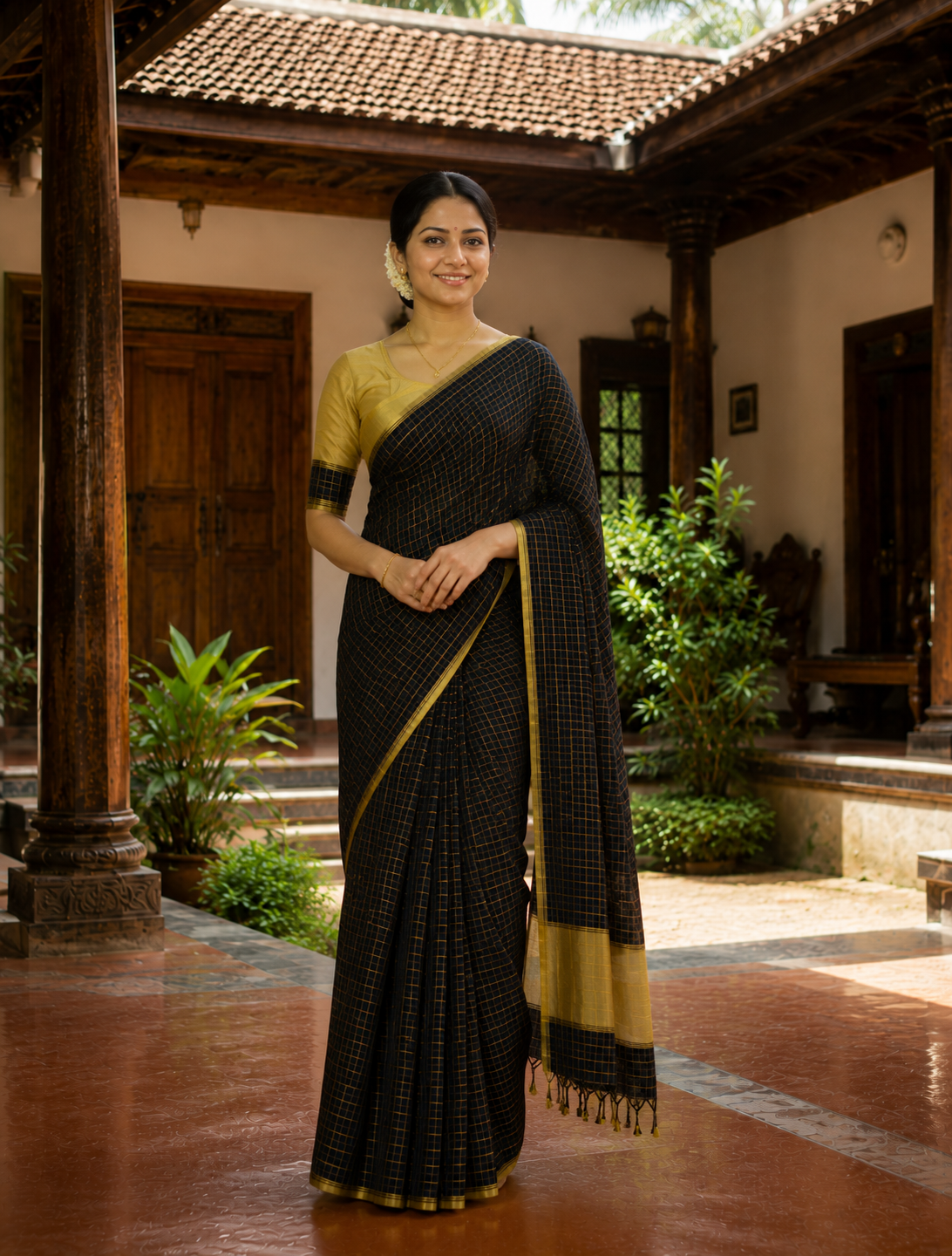 Premium Handloom Black & Gold Check Saree