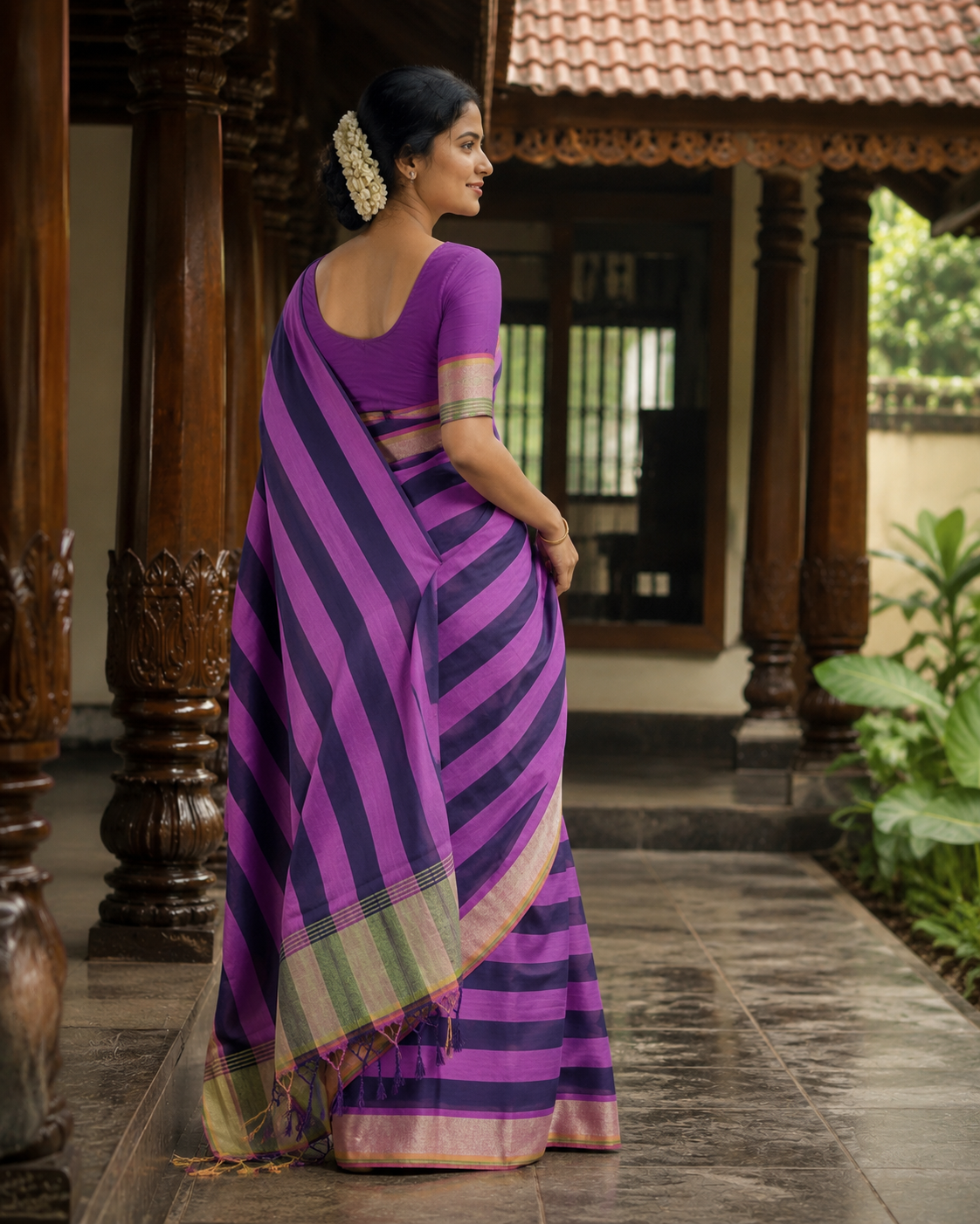 Premium Handloom Black, Wine Red Stripe Saree with Kasavu Border
