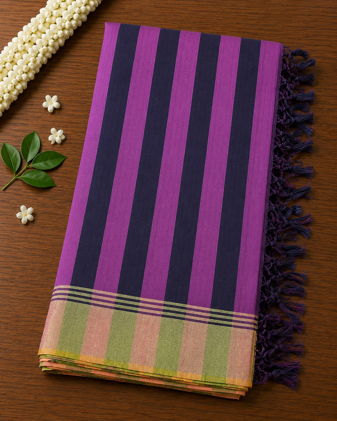 Premium Handloom Black, Wine Red Stripe Saree with Kasavu Border