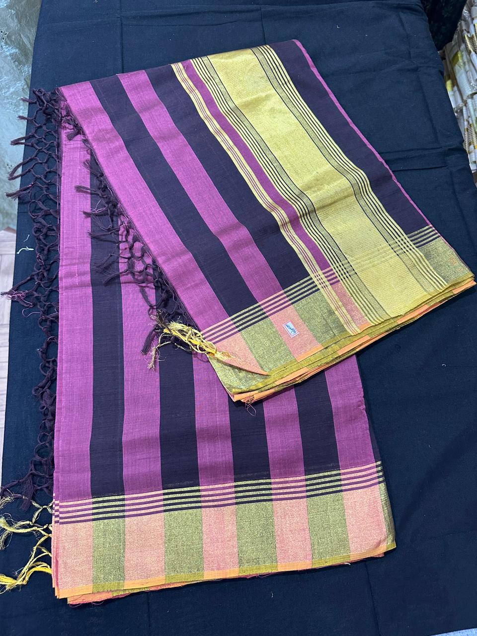 Premium Handloom Black, Wine Red Stripe Saree with Kasavu Border