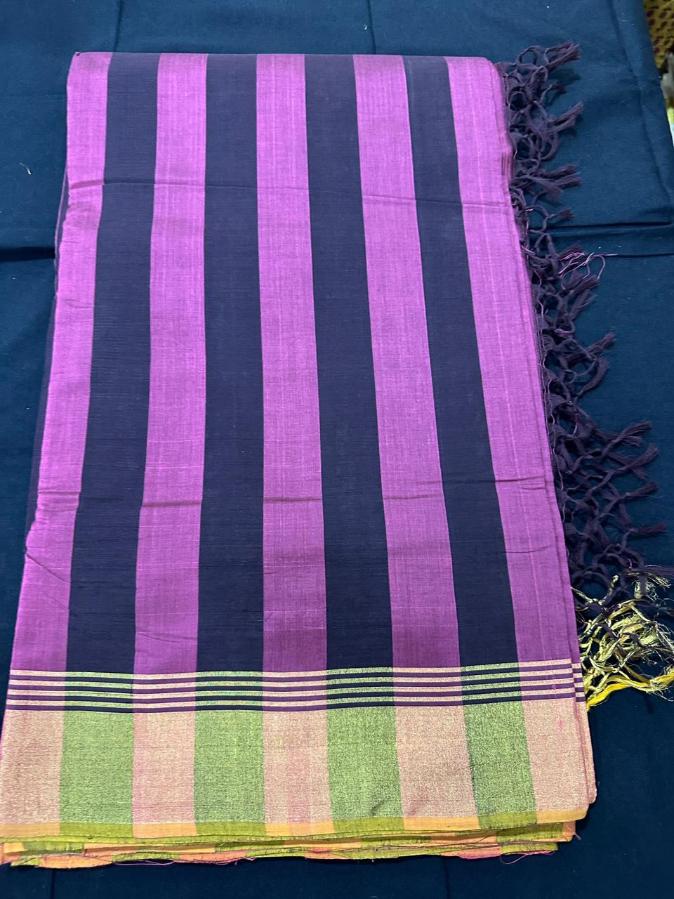 Premium Handloom Black, Wine Red Stripe Saree with Kasavu Border