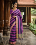 Premium Handloom Black, Wine Red Stripe Saree with Kasavu Border