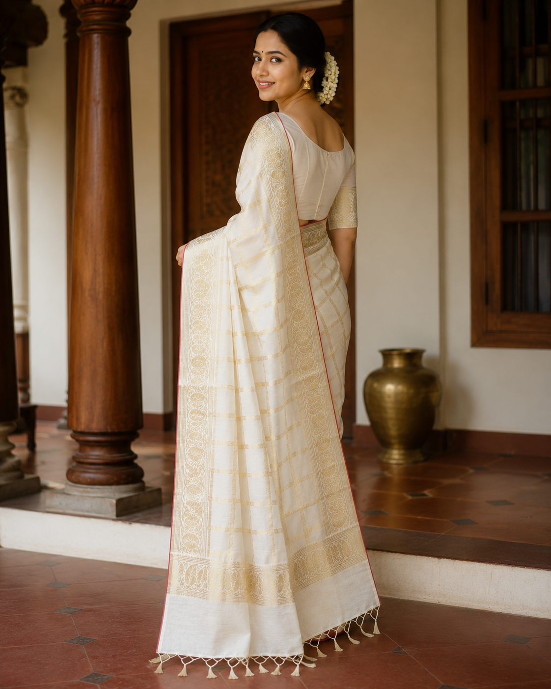 Premium Handloom Check Design Saree (100/100 Count) with Running Blouse