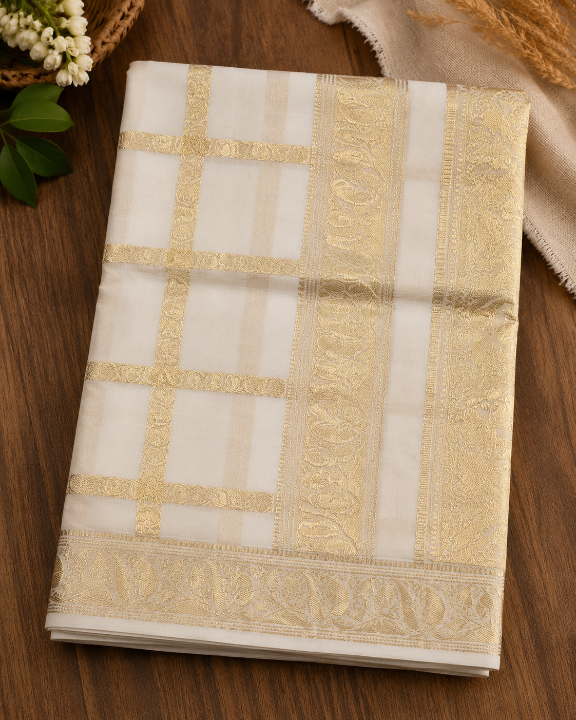 Premium Handloom Check Design Saree (100/100 Count) with Running Blouse