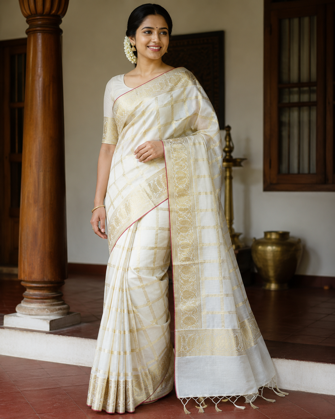 Premium Handloom Check Design Saree (100/100 Count) with Running Blouse