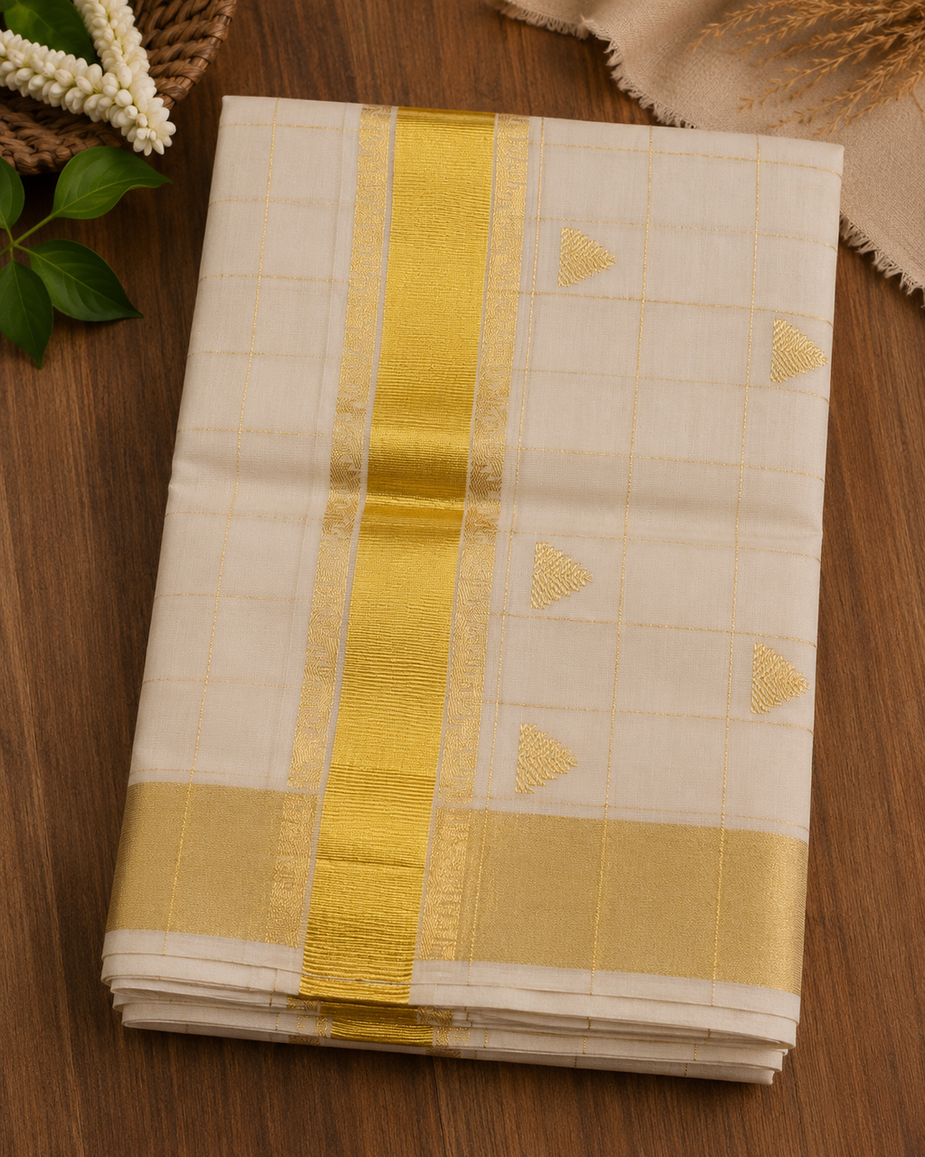 Premium Handloom Check Temple Design Saree (100/100 Count) with Running Blouse