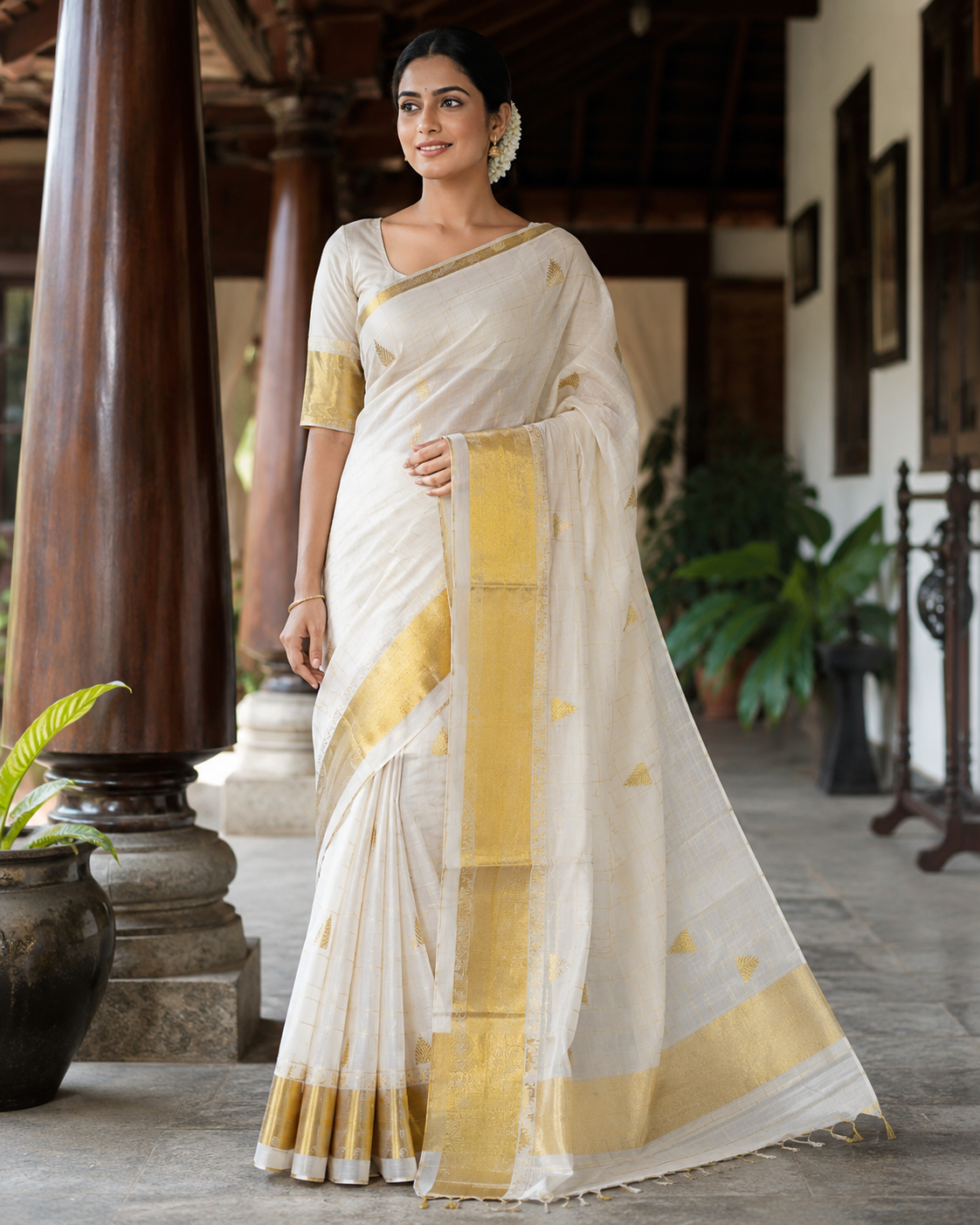 Premium Handloom Check Temple Design Saree (100/100 Count) with Running Blouse