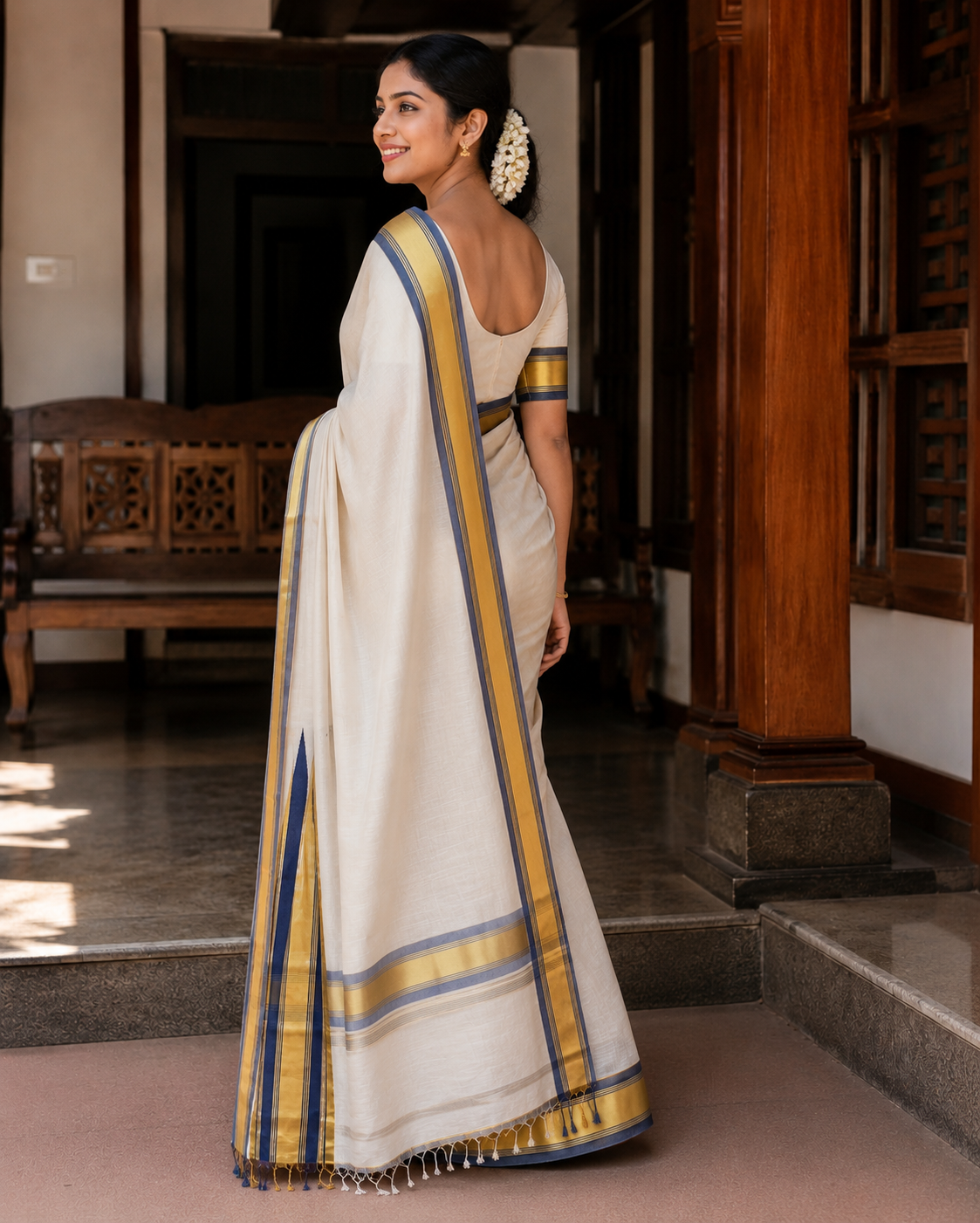 Premium Handloom Dark Blue Gold Chutti Kara Saree with Running Blouse