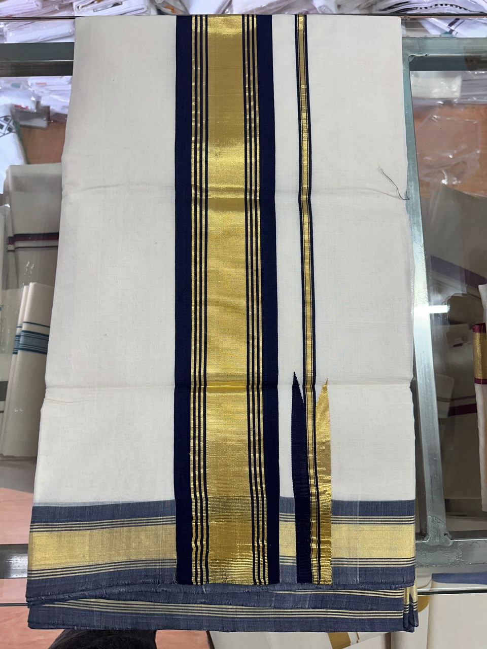 Premium Handloom Dark Blue Gold Chutti Kara Saree with Running Blouse