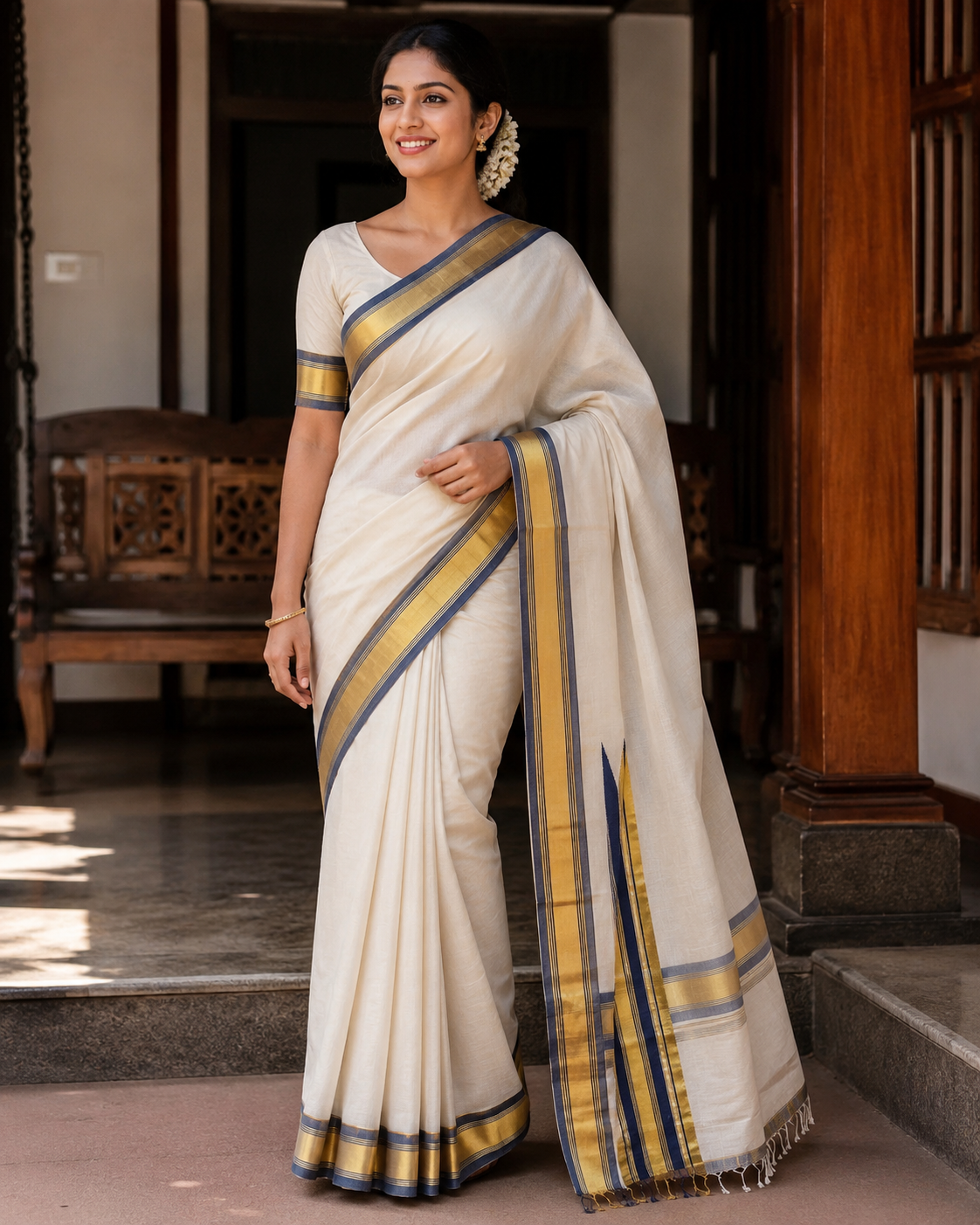 Premium Handloom Dark Blue Gold Chutti Kara Saree with Running Blouse