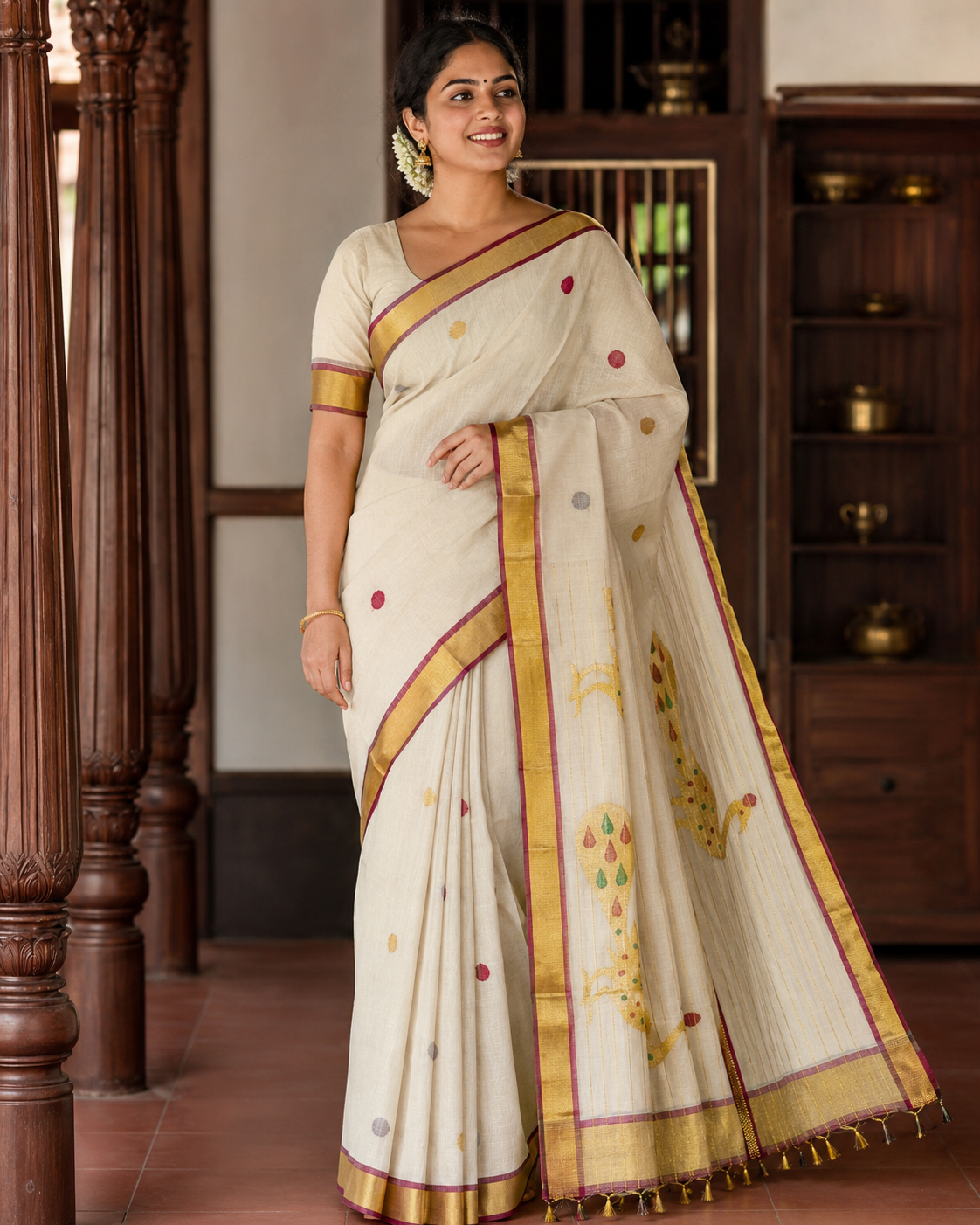 Premium Handloom Golden Peacock Saree with Running Blouse