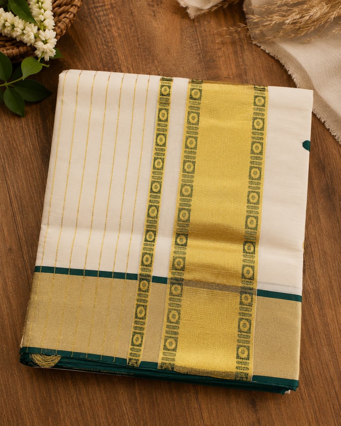 Premium Handloom Green Polka Design Saree (100/100 Count) with Running Blouse