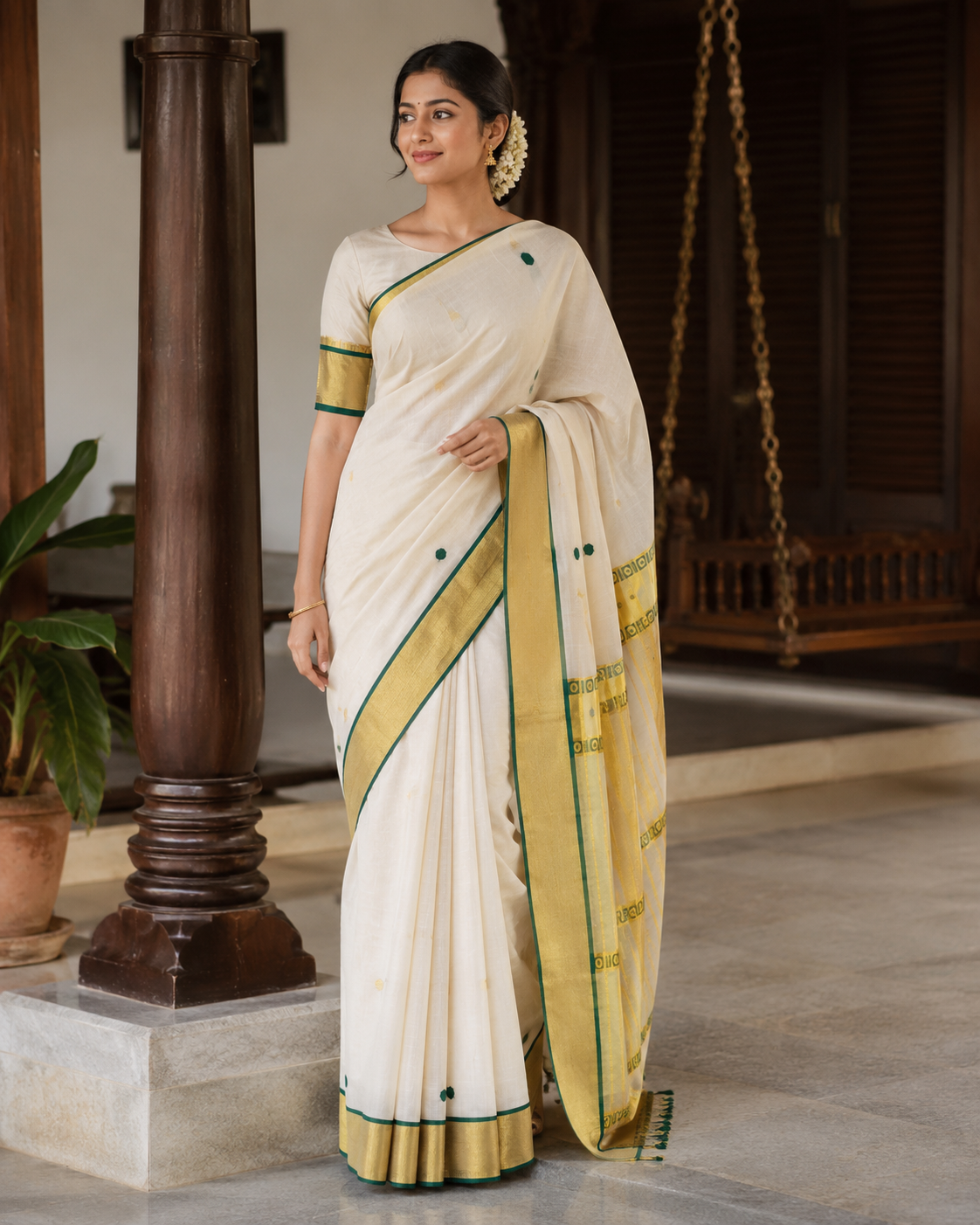 Premium Handloom Green Polka Design Saree (100/100 Count) with Running Blouse