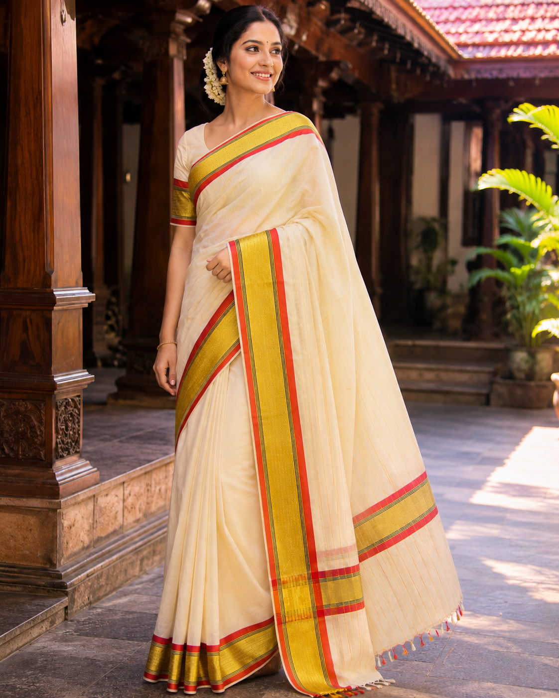 Premium Handloom Karayum Kasavum Saree (100/100 Count) with Running Blouse