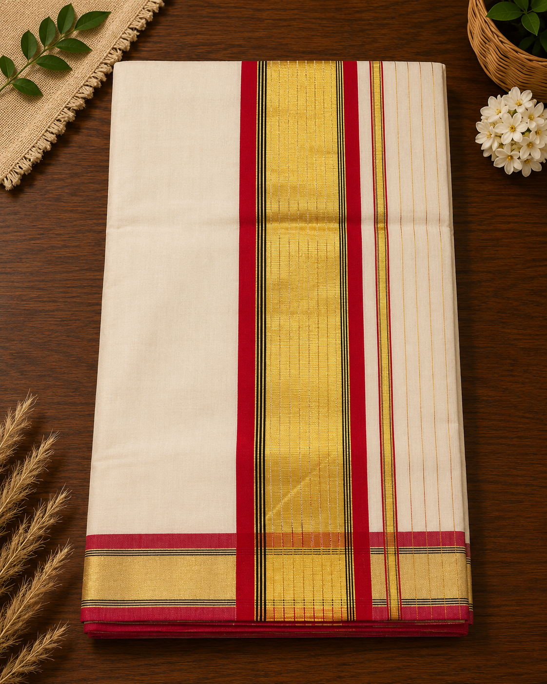 Premium Handloom Karayum Kasavum Saree (100/100 Count) with Running Blouse