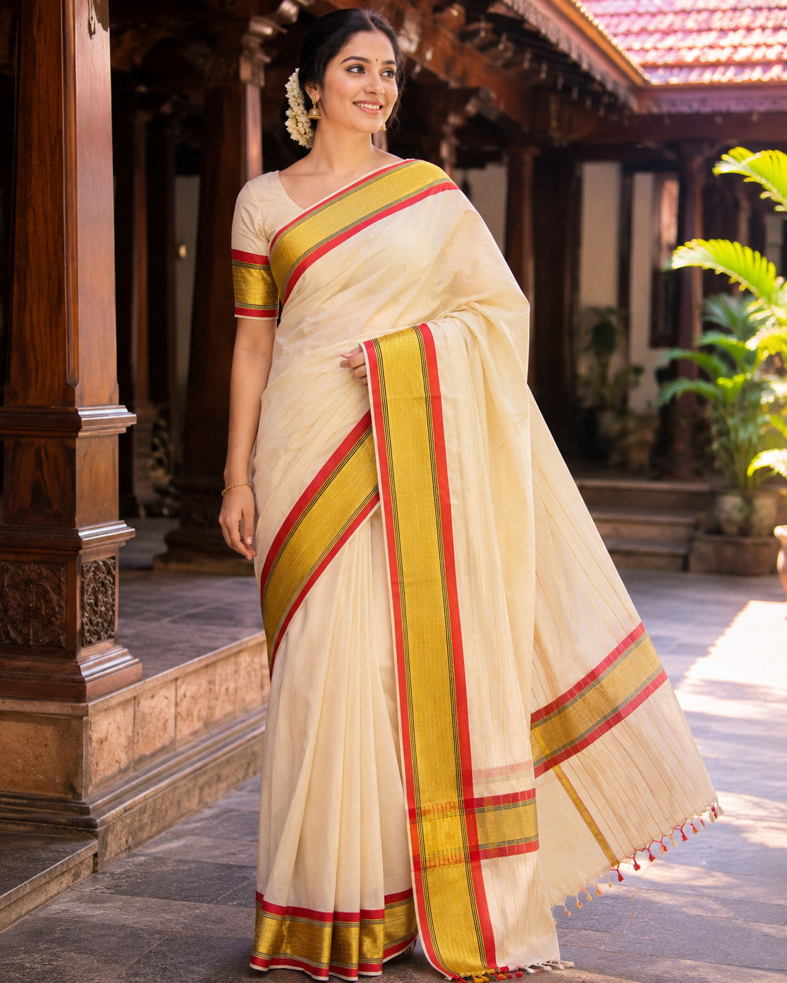 Premium Handloom Karayum Kasavum Saree (100/100 Count) with Running Blouse