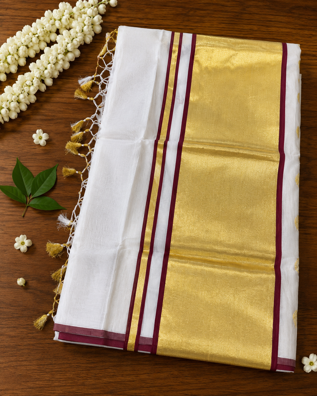Premium Handloom Kerala Butta Saree with Broad Kasavu Border