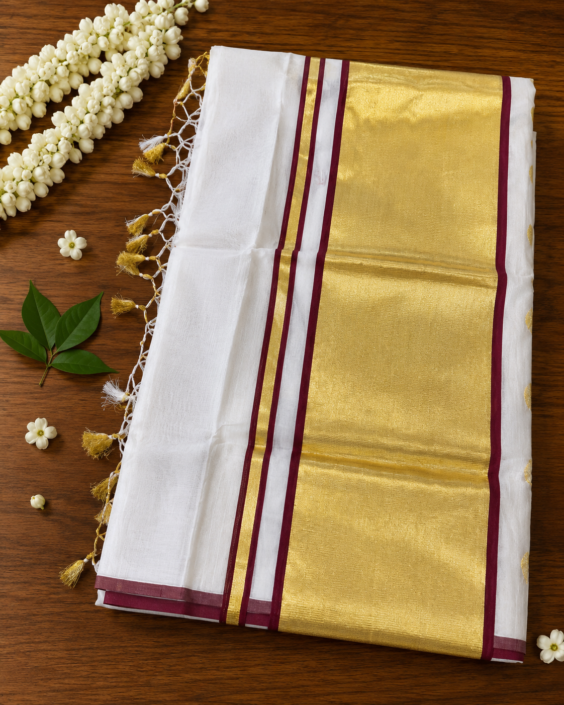 Premium Handloom Kerala Butta Saree with Broad Kasavu Border