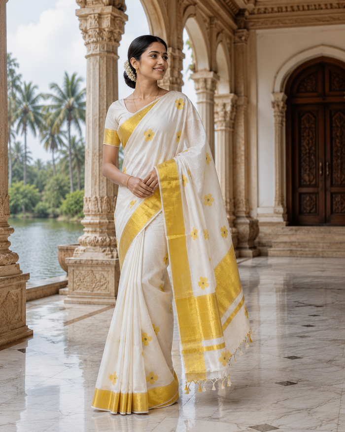 Premium Handloom Kerala Floral Design Saree - SRHKL004