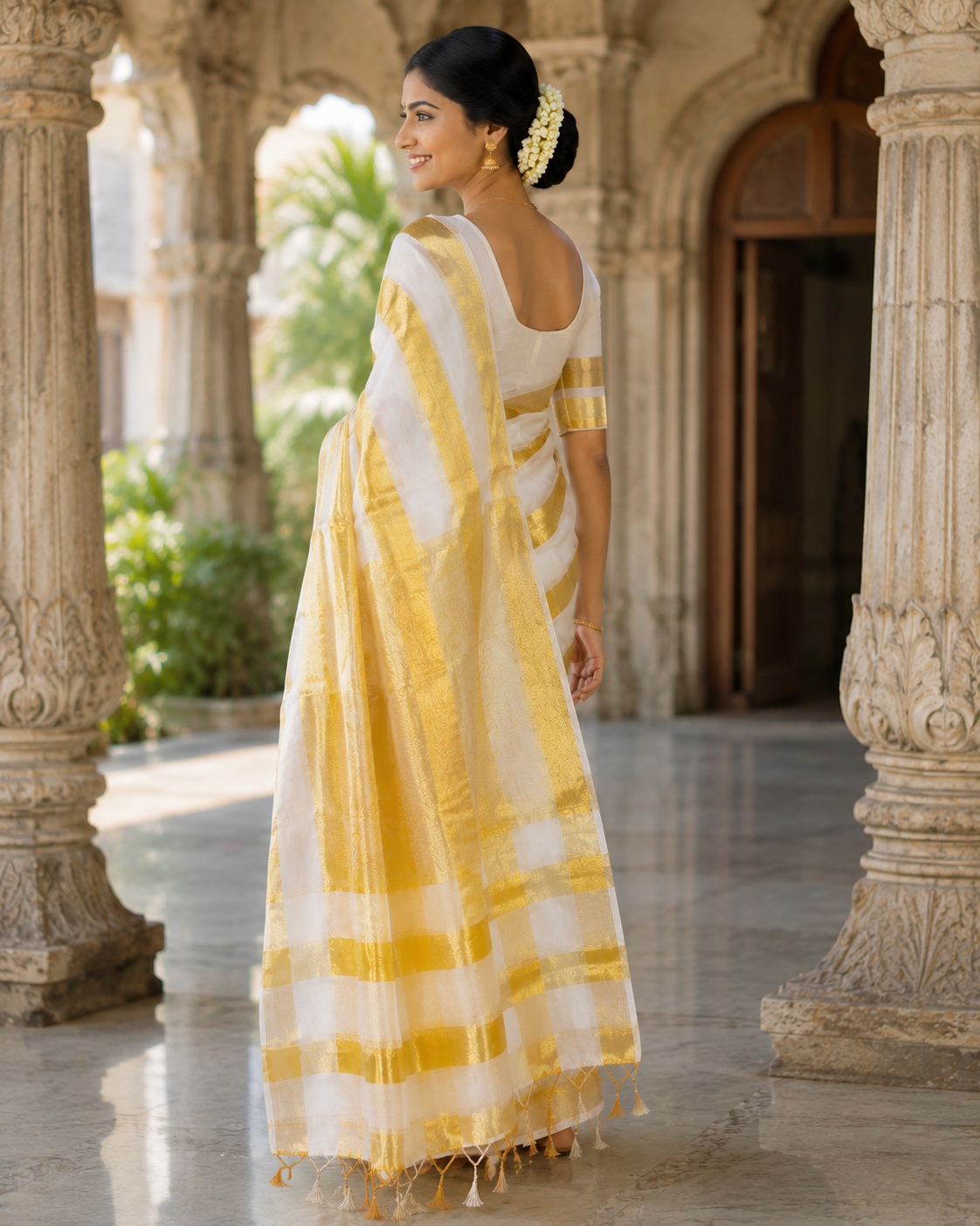 Premium Handloom Kerala Kasavu Saree with Bold Gold Stripes