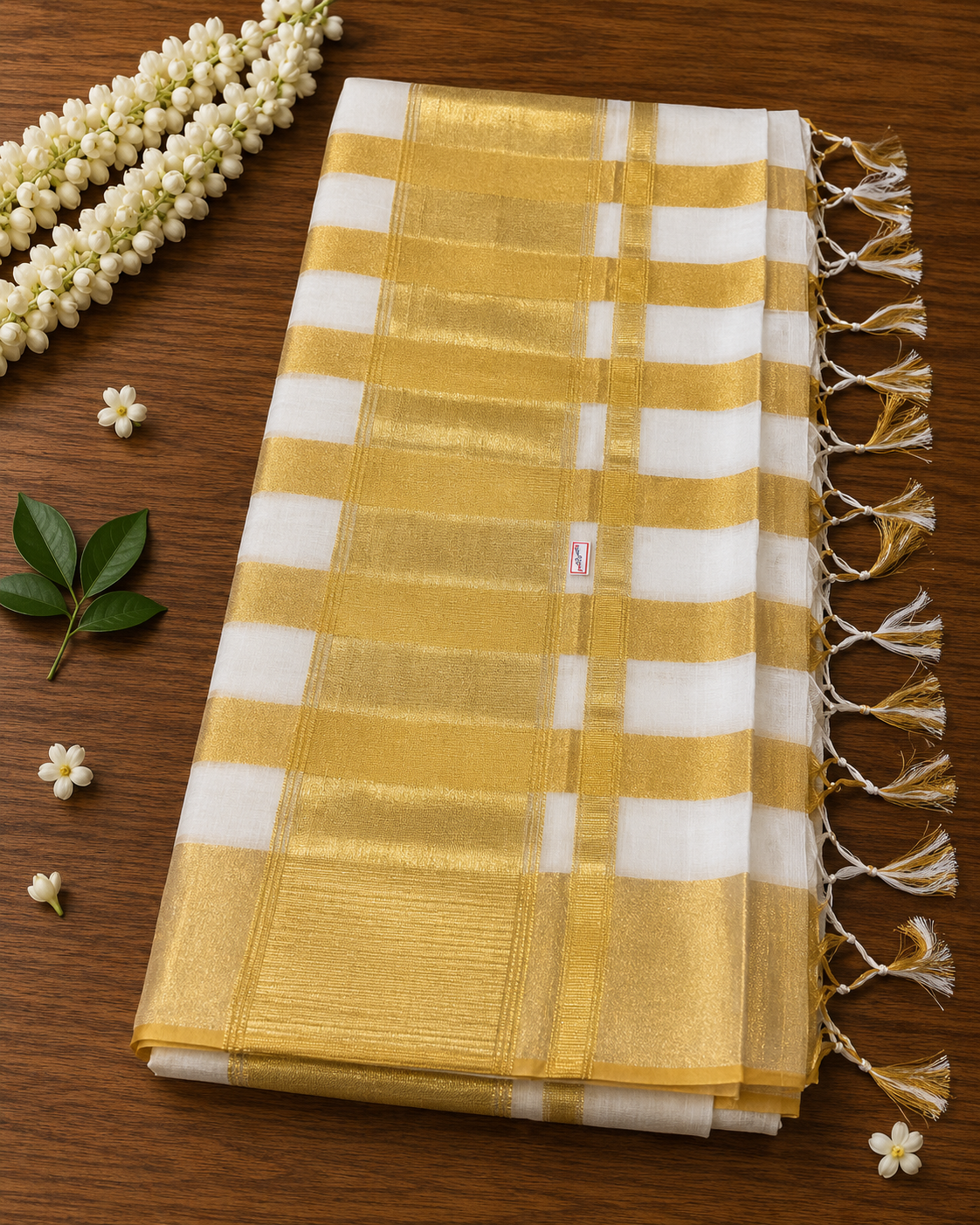 Premium Handloom Kerala Kasavu Saree with Bold Gold Stripes