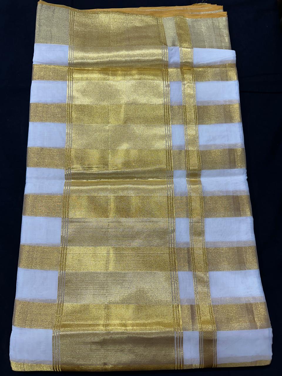 Premium Handloom Kerala Kasavu Saree with Bold Gold Stripes