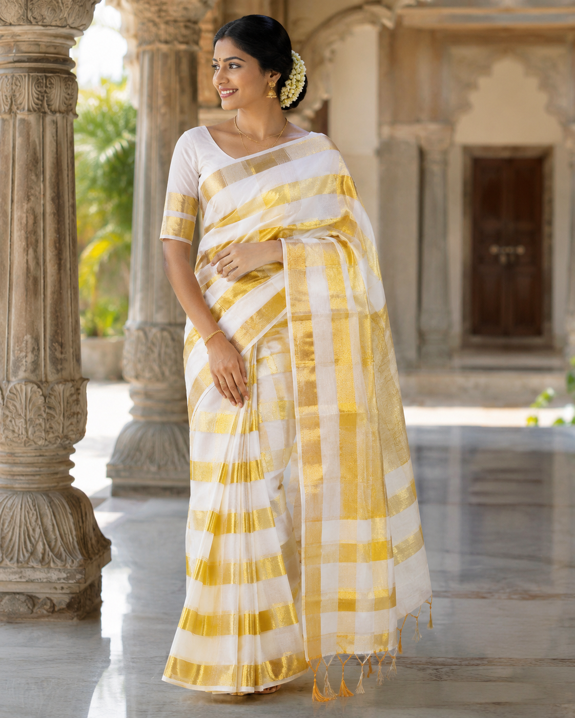 Premium Handloom Kerala Kasavu Saree with Bold Gold Stripes