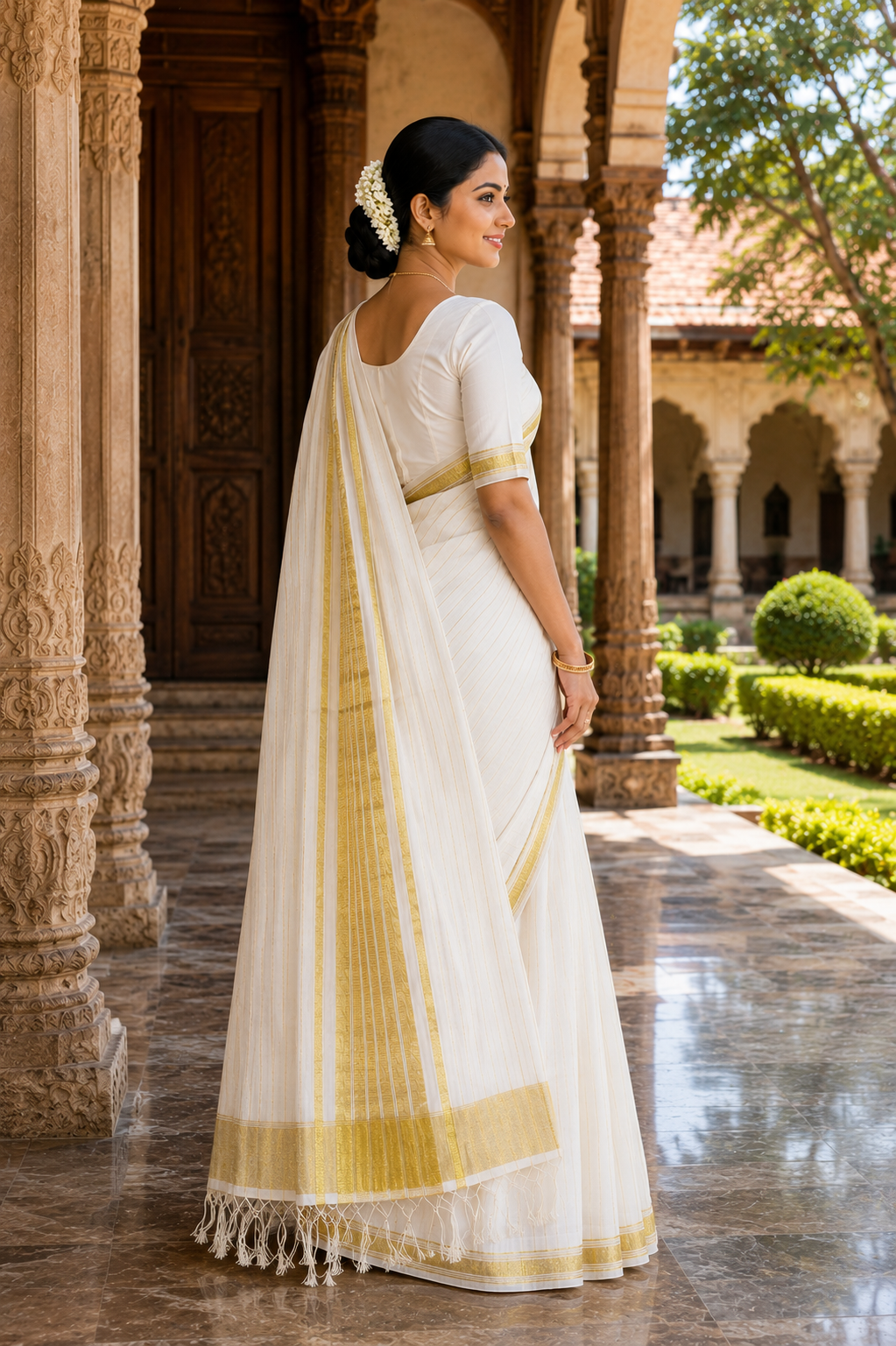 Premium Handloom Kerala Kasavu Saree with Fine Gold Stripes & Classic Kasavu Pallu