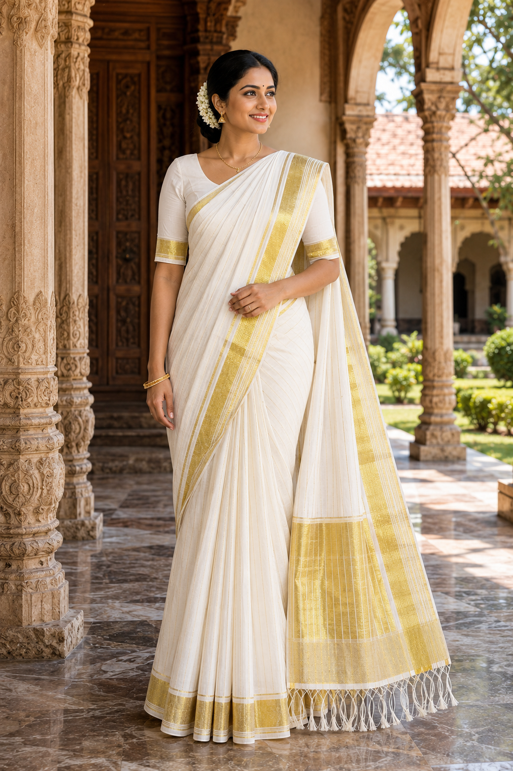 Premium Handloom Kerala Kasavu Saree with Fine Gold Stripes & Classic Kasavu Pallu