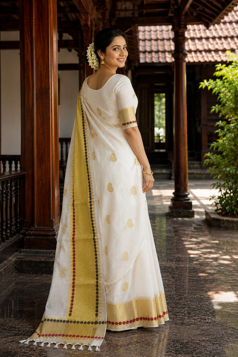 Premium Handloom Kerala Kasavu Saree with Zari Mango Buttas & Temple Polka Bordered Pallu - SRHKL013