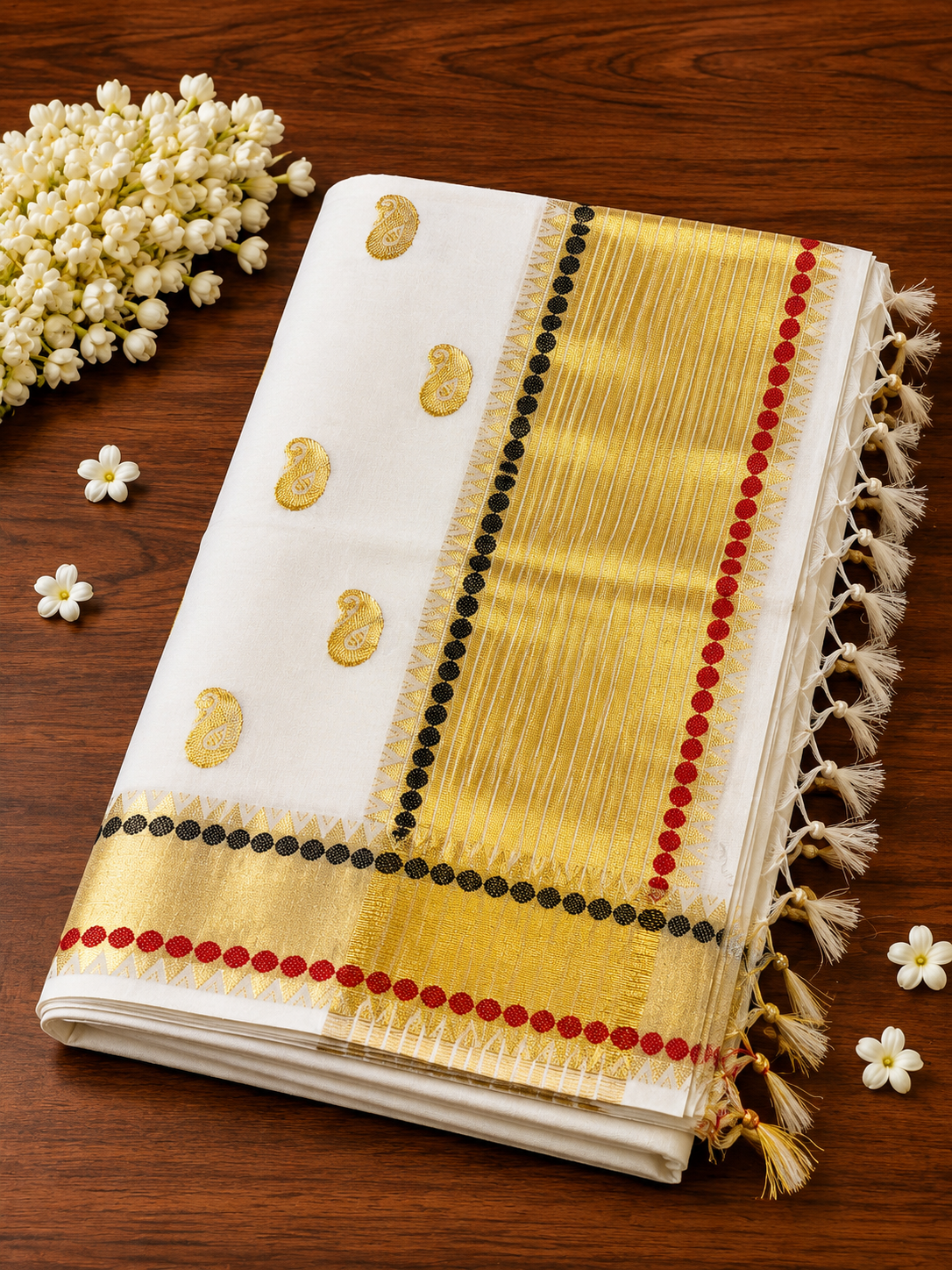 Premium Handloom Kerala Kasavu Saree with Zari Mango Buttas & Temple Polka Bordered Pallu