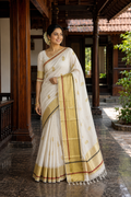 Premium Handloom Kerala Kasavu Saree with Zari Mango Buttas & Temple Polka Bordered Pallu