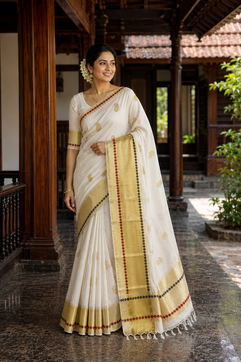 Premium Handloom Kerala Kasavu Saree with Zari Mango Buttas & Temple Polka Bordered Pallu - SRHKL013