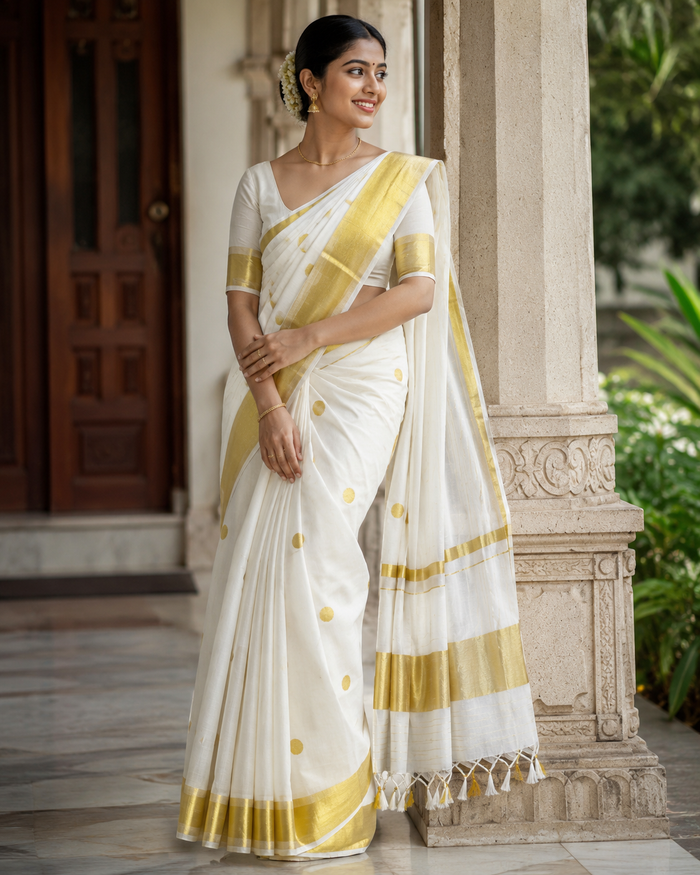 Premium Handloom Kerala Polka Dots Saree - SRHKL008