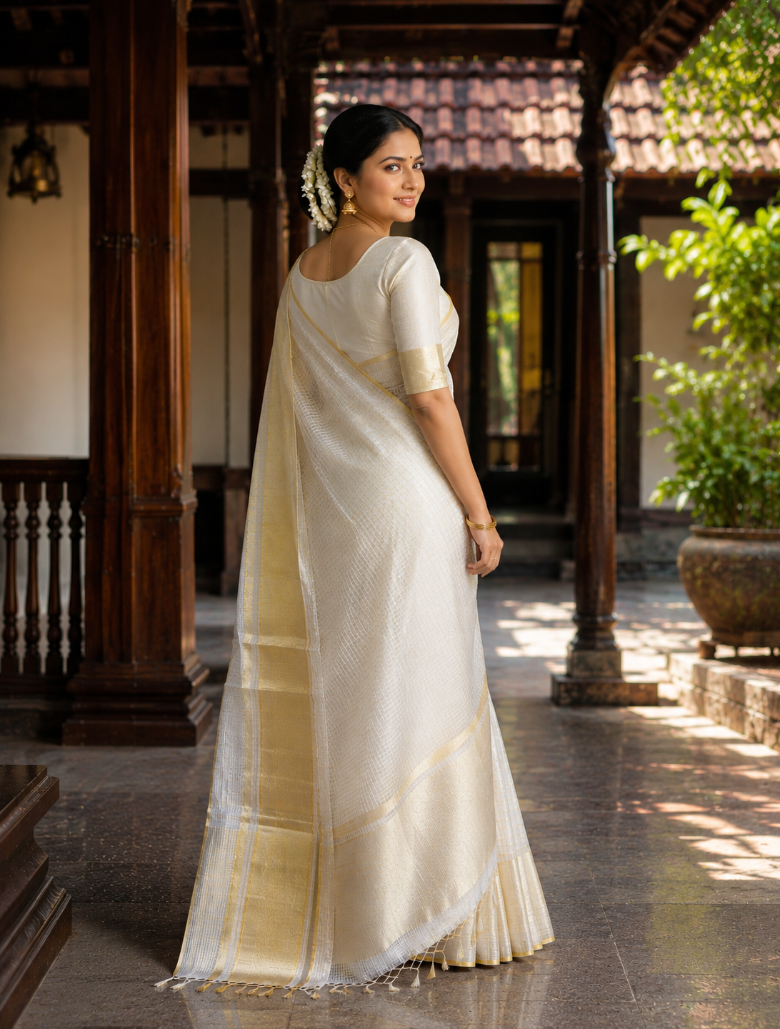 Premium Handloom Kerala Saree with Gold & Silver Twisted Jari Border