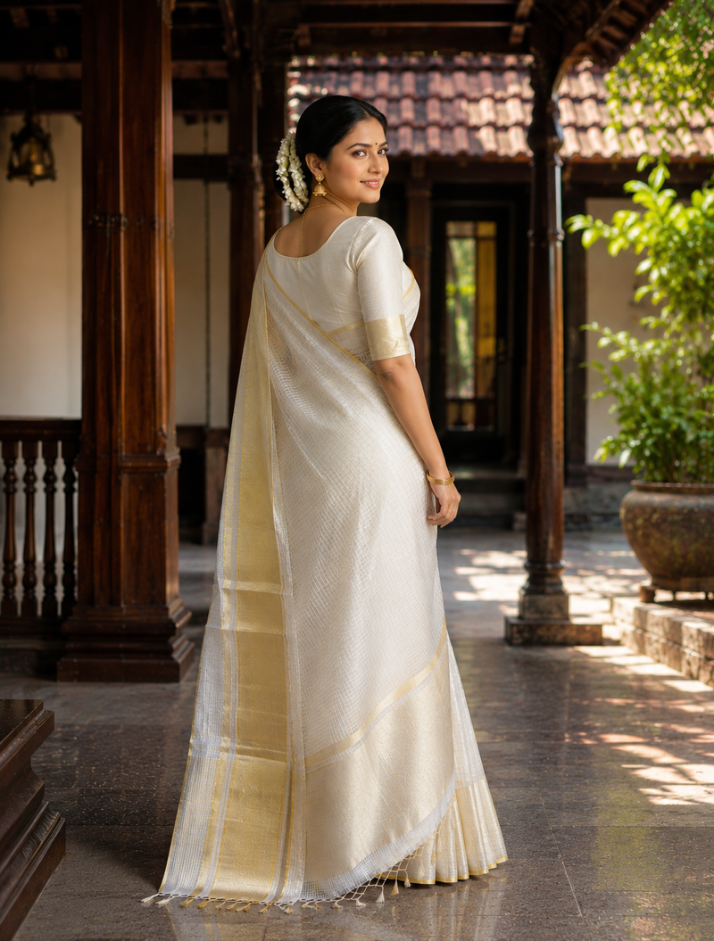 Premium Handloom Kerala Saree with Gold & Silver Twisted Jari Border - SRHKL005