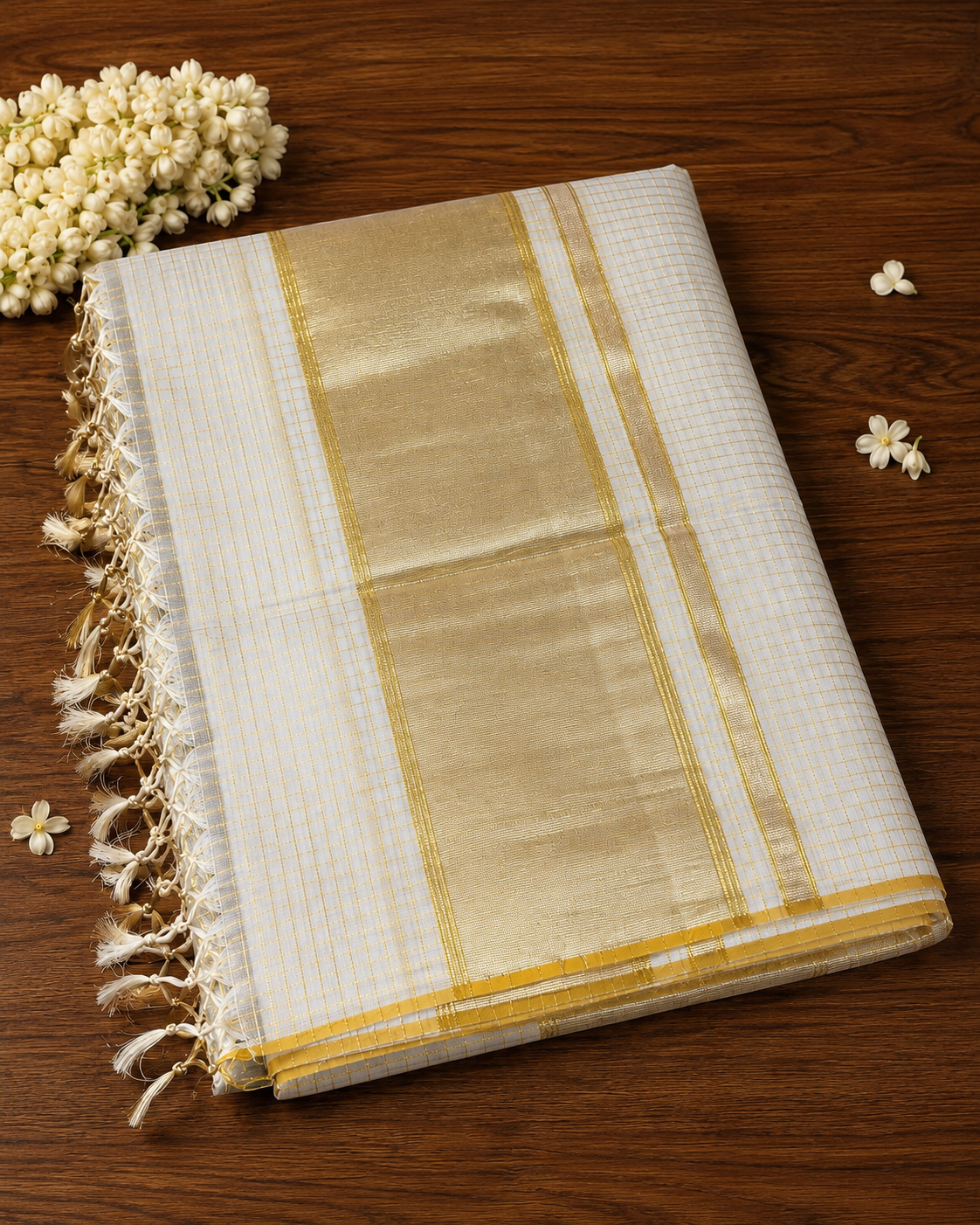 Premium Handloom Kerala Saree with Gold & Silver Twisted Jari Border