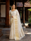 Premium Handloom Kerala Saree with Gold & Silver Twisted Jari Border