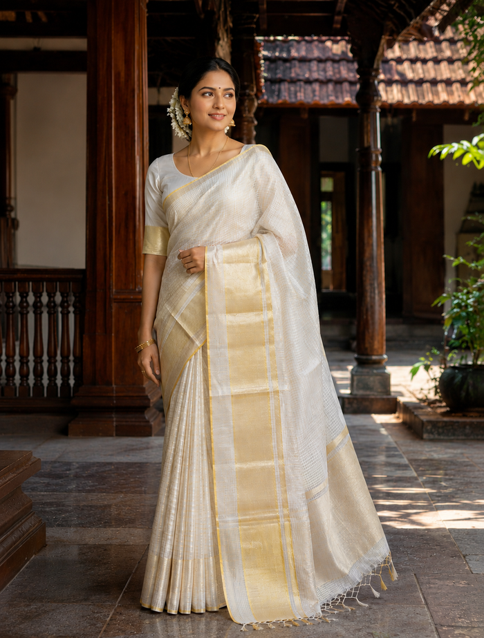 Premium Handloom Kerala Saree with Gold & Silver Twisted Jari Border - SRHKL005