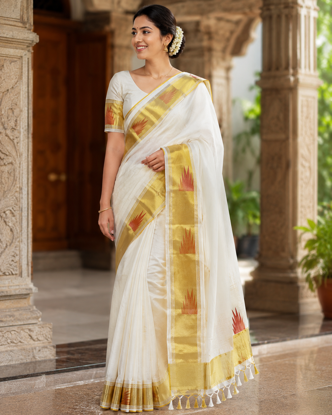 Premium Handloom Kerala Saree with Temple Border & Pallu