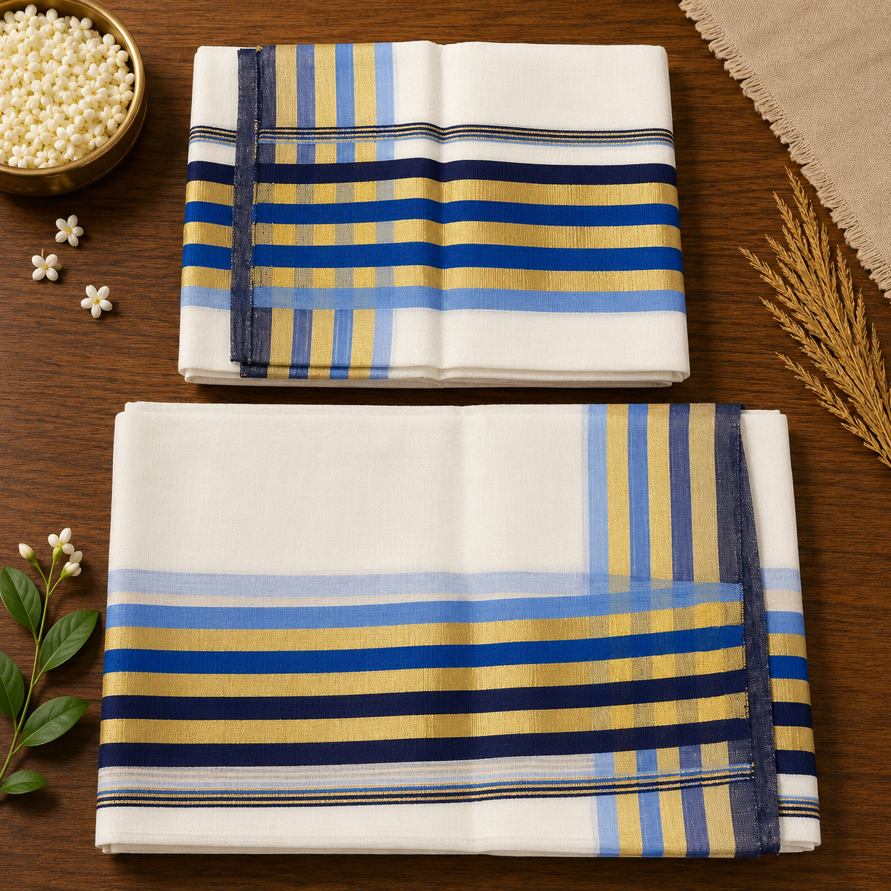 Premium Handloom Kerala Set Mundu with Multi-Tone Blue & Gold Kasavu Border