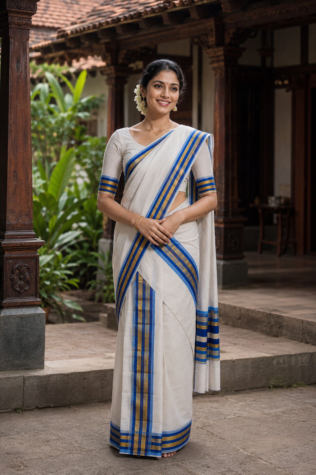 Premium Handloom Kerala Set Mundu with Multi-Tone Blue & Gold Kasavu Border