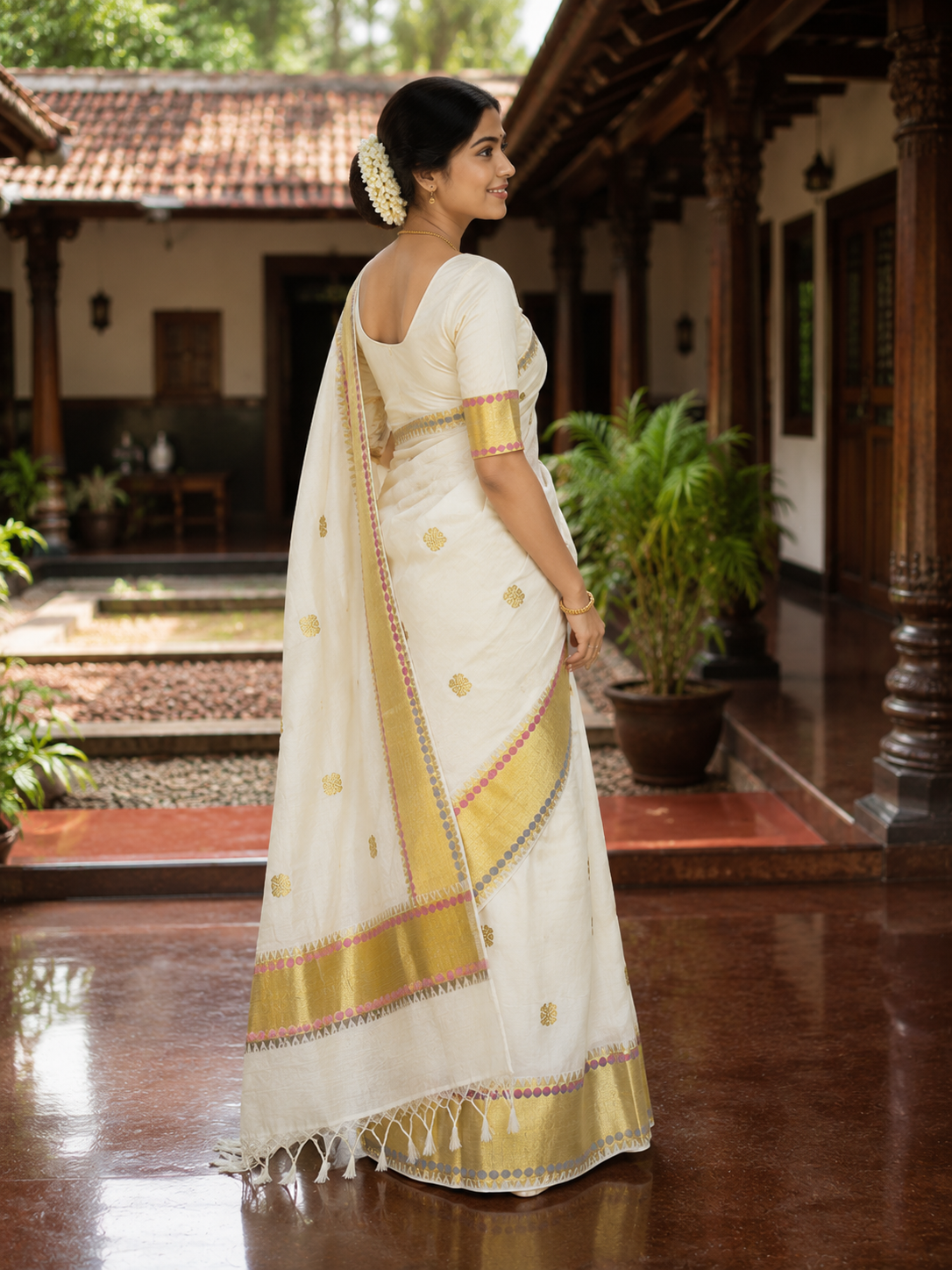Premium Handloom Peacock & Polka Dot Design Kerala Saree